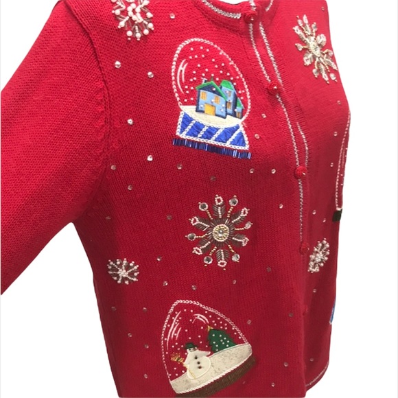 All Points Snow Globe Christmas Cardigan Sweater, Red, Medium - Picture 2 of 6
